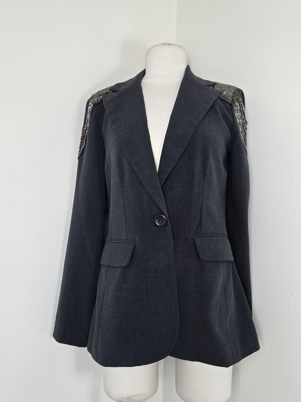 Love Stitch Black Blazer with Chain Fringe Shoulders